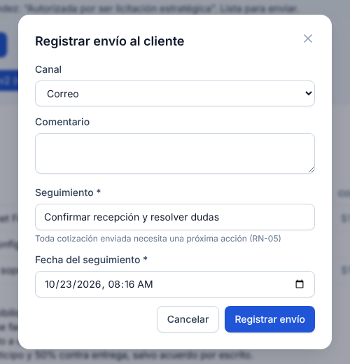 Ventana “Registrar envío al cliente”.