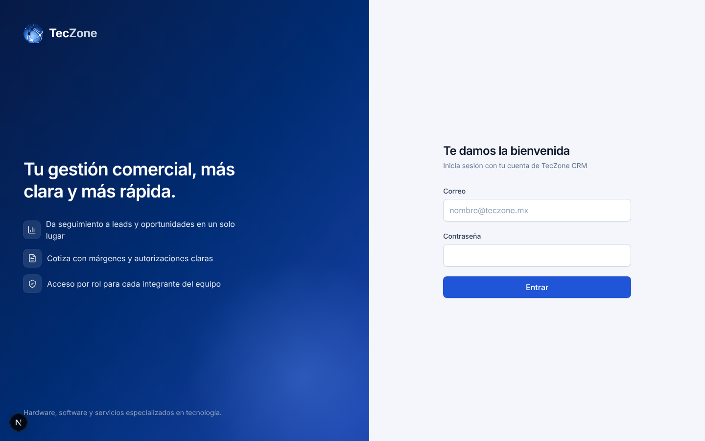 Pantalla de inicio de sesión.